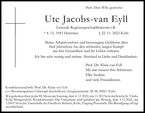Anzeige von Ute Jacobs-van Eyll von Kölner Stadt-Anzeiger / Kölnische Rundschau / Express