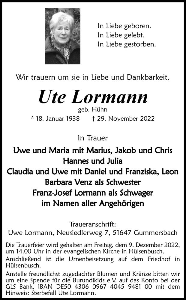 Traueranzeige für Ute Lormann vom 03.12.2022 aus Kölner Stadt-Anzeiger / Kölnische Rundschau / Express
