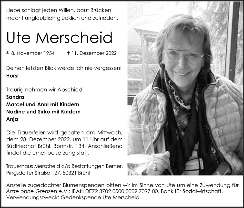  Traueranzeige für Ute Merscheid vom 17.12.2022 aus Kölner Stadt-Anzeiger / Kölnische Rundschau / Express