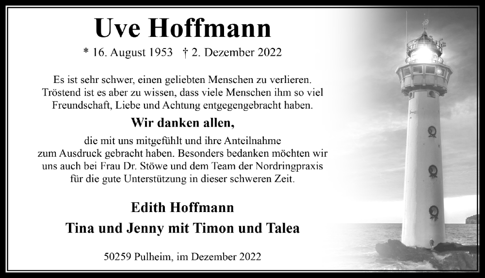  Traueranzeige für Uve Hoffmann vom 29.12.2022 aus  Wochenende 