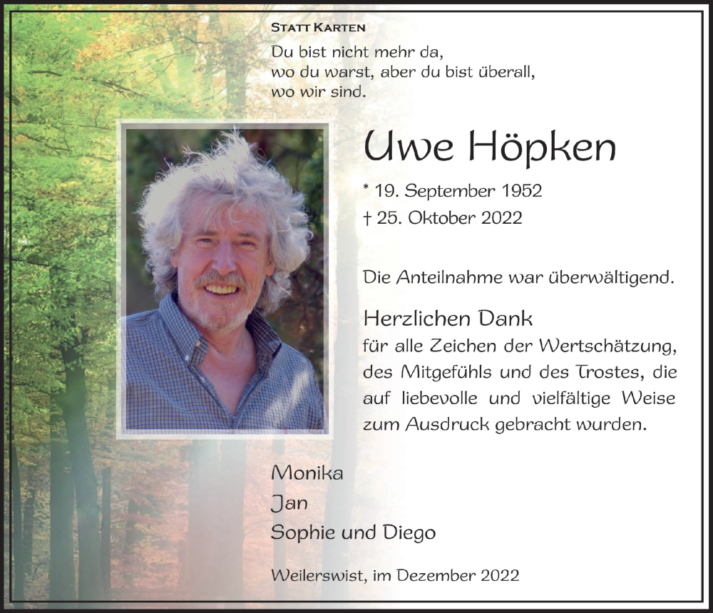  Traueranzeige für Uwe Höpken vom 03.12.2022 aus  Werbepost 