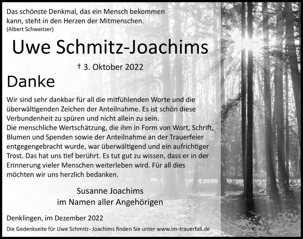  Traueranzeige für Uwe Schmitz-Joachims vom 02.12.2022 aus  Lokalanzeiger 