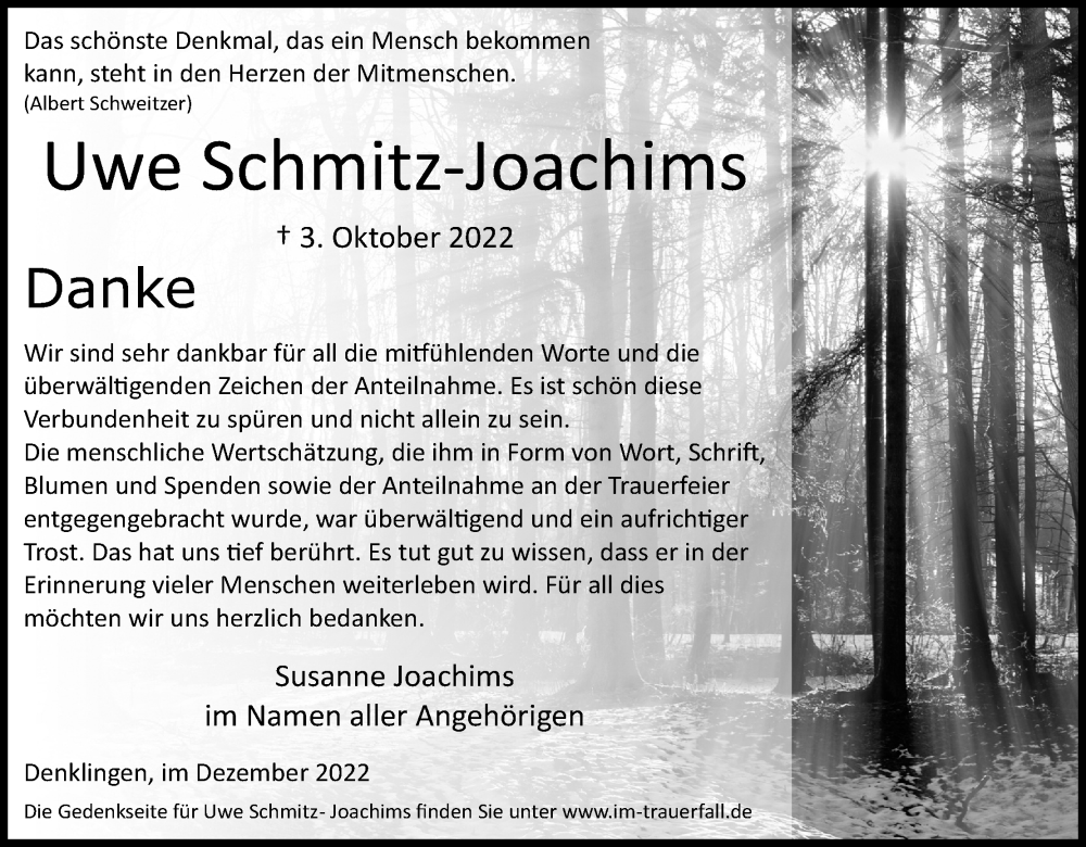  Traueranzeige für Uwe Schmitz-Joachims vom 03.12.2022 aus Kölner Stadt-Anzeiger / Kölnische Rundschau / Express
