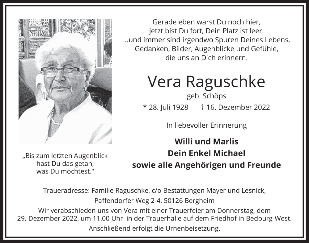  Traueranzeige für Vera Raguschke vom 22.12.2022 aus  Werbepost 