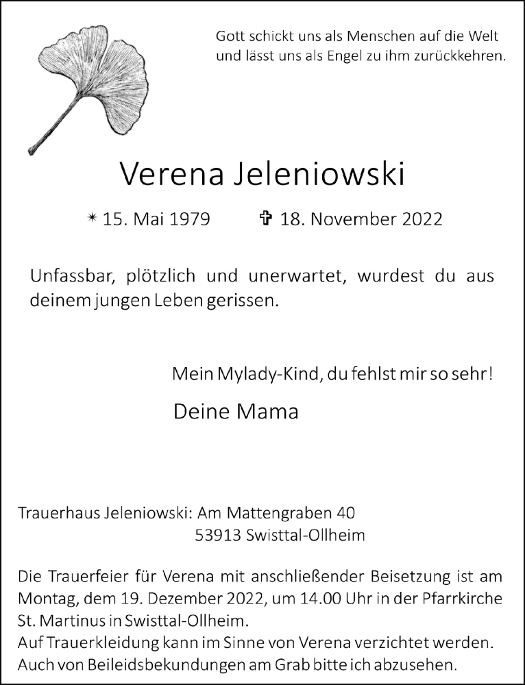  Traueranzeige für Verena Jeleniowski vom 02.12.2022 aus  Schaufenster/Blickpunkt 