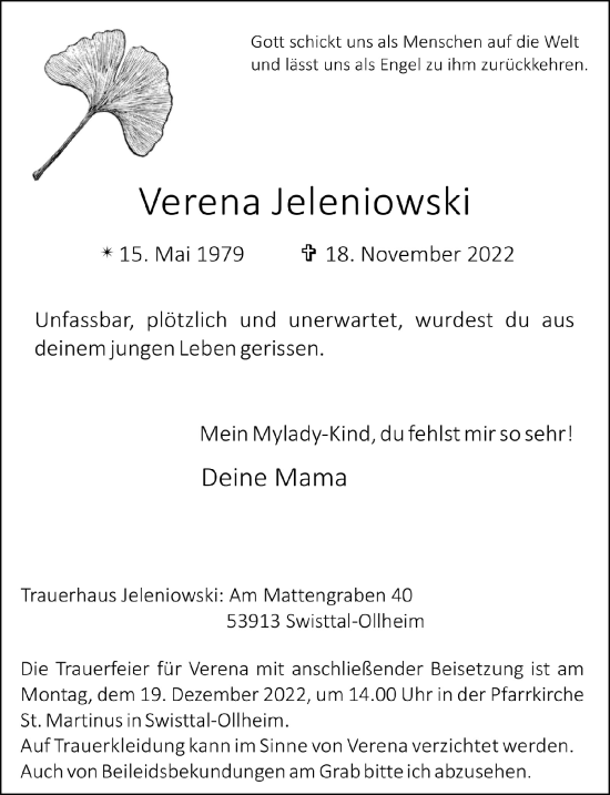 Anzeige von Verena Jeleniowski von  Schaufenster/Blickpunkt 