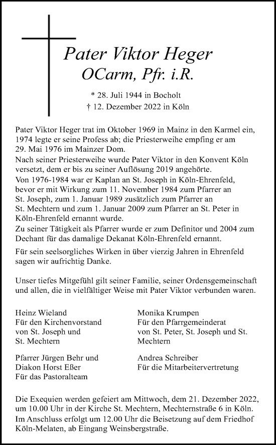 Anzeige von Viktor Heger von Kölner Stadt-Anzeiger / Kölnische Rundschau / Express