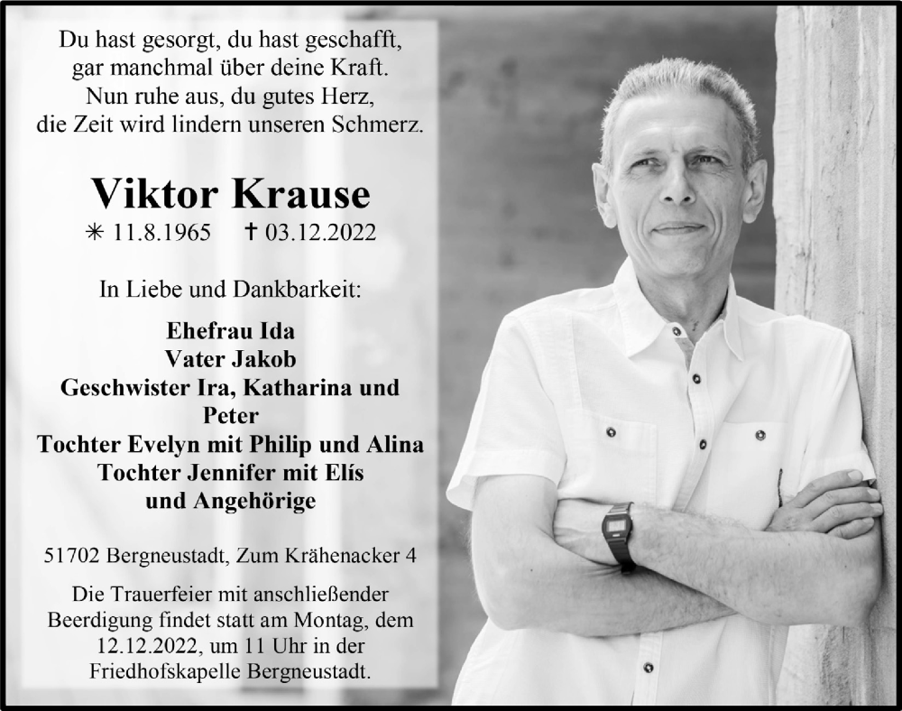  Traueranzeige für Viktor Krause vom 09.12.2022 aus  Anzeigen Echo 