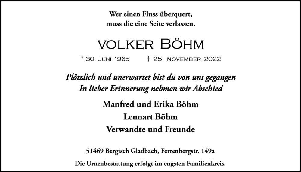  Traueranzeige für Volker Böhm vom 09.12.2022 aus  Bergisches Handelsblatt 