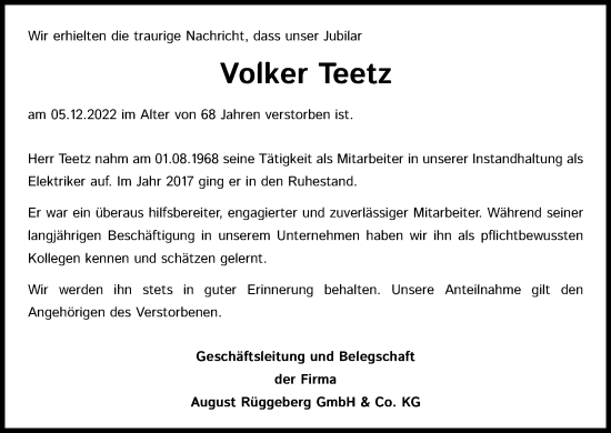 Anzeige von Volker Teetz von Kölner Stadt-Anzeiger / Kölnische Rundschau / Express