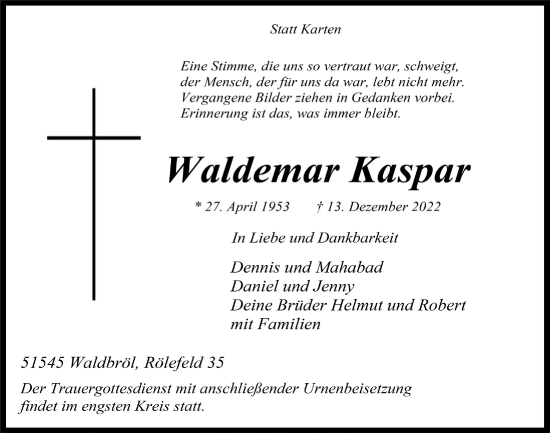 Anzeige von Waldemar Kaspar von  Lokalanzeiger 
