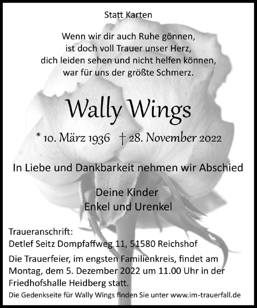  Traueranzeige für Wally Wings vom 02.12.2022 aus  Lokalanzeiger 