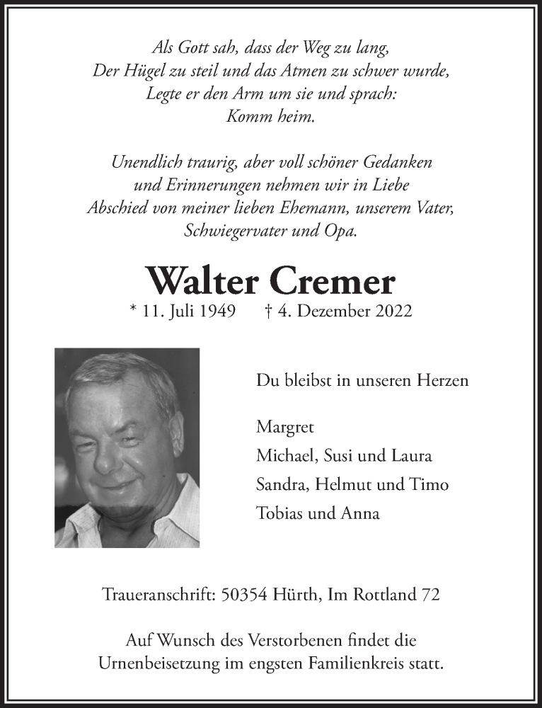  Traueranzeige für Walter Cremer vom 09.12.2022 aus  Wochenende 