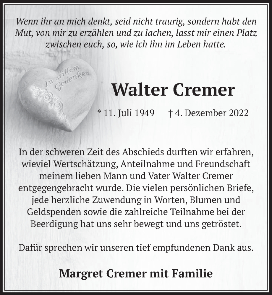  Traueranzeige für Walter Cremer vom 29.12.2022 aus  Wochenende 