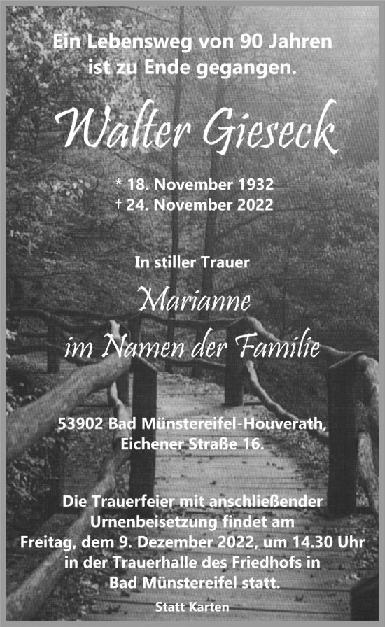 Anzeige von Walter Gieseck von  Blickpunkt Euskirchen 