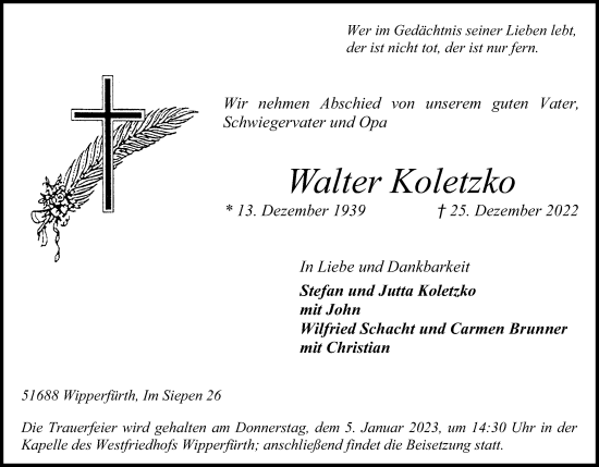 Anzeige von Walter Koletzko von Kölner Stadt-Anzeiger / Kölnische Rundschau / Express