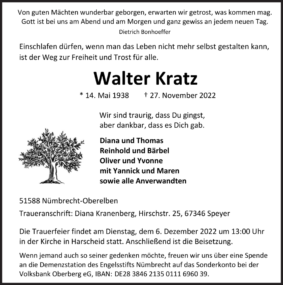  Traueranzeige für Walter Kratz vom 02.12.2022 aus  Lokalanzeiger 
