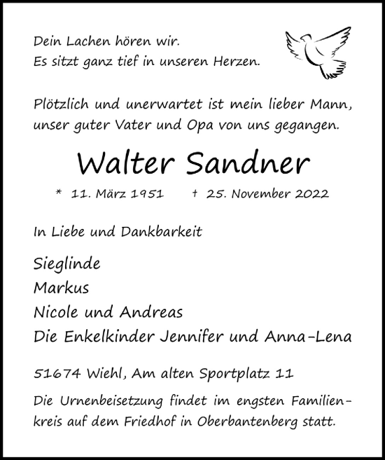 Anzeige von Walter Sandner von  Anzeigen Echo 
