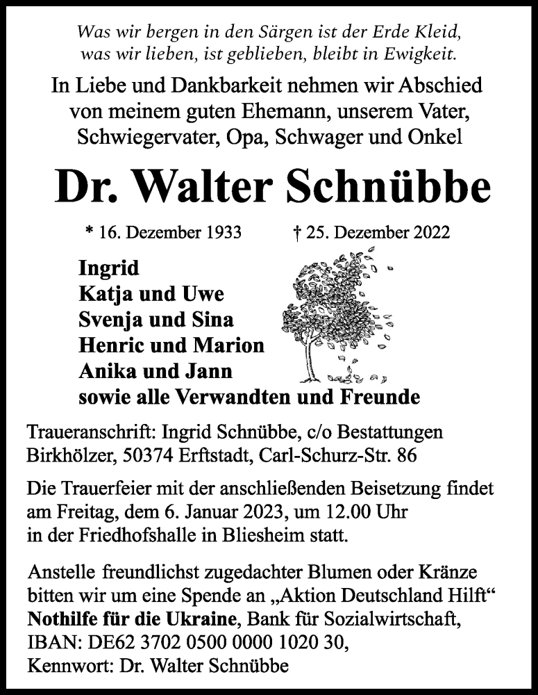  Traueranzeige für Walter Schnübbe vom 31.12.2022 aus Kölner Stadt-Anzeiger / Kölnische Rundschau / Express