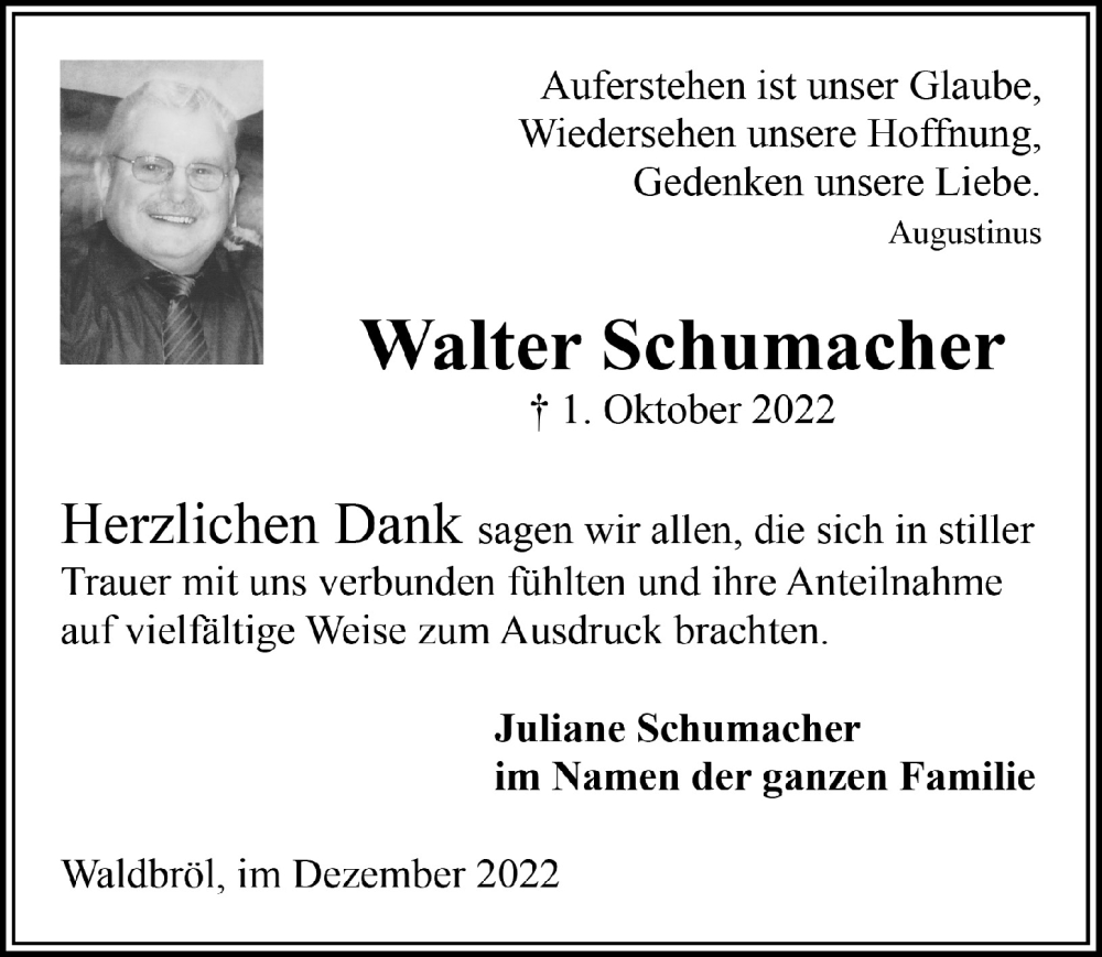  Traueranzeige für Walter Schumacher vom 09.12.2022 aus  Lokalanzeiger 