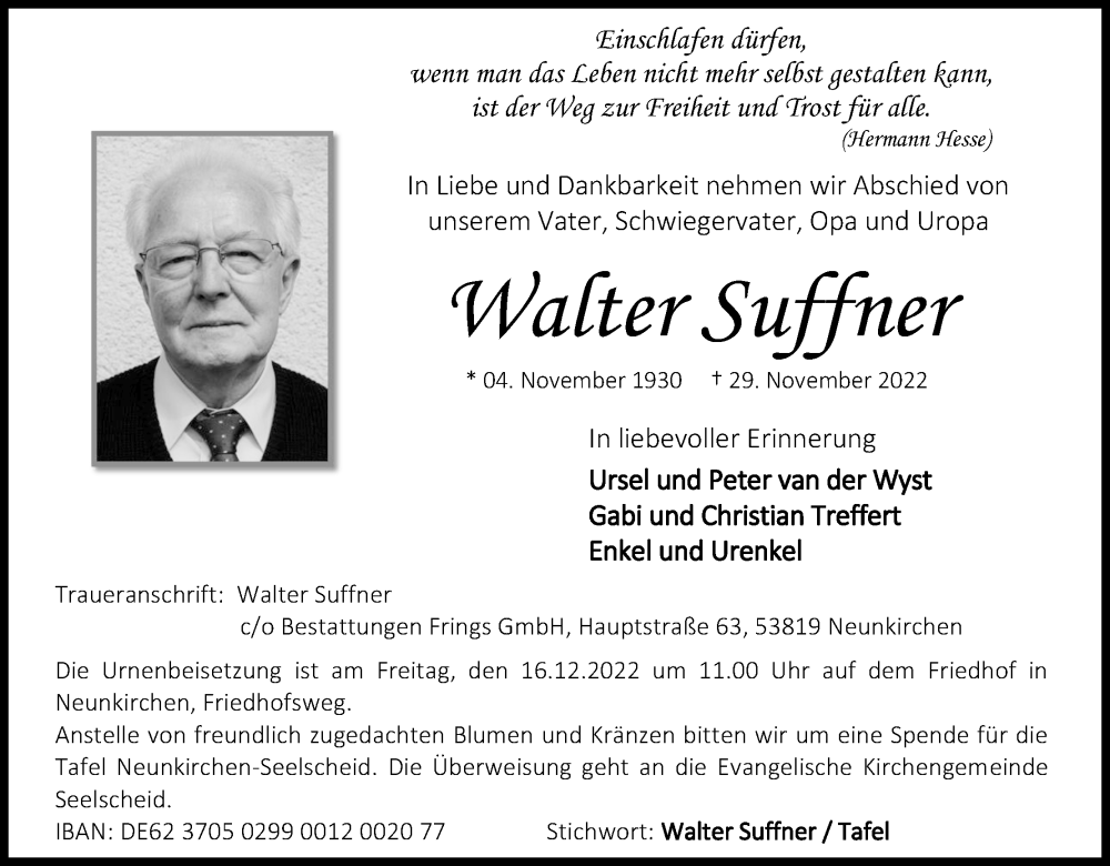  Traueranzeige für Walter Suffner vom 10.12.2022 aus Kölner Stadt-Anzeiger / Kölnische Rundschau / Express