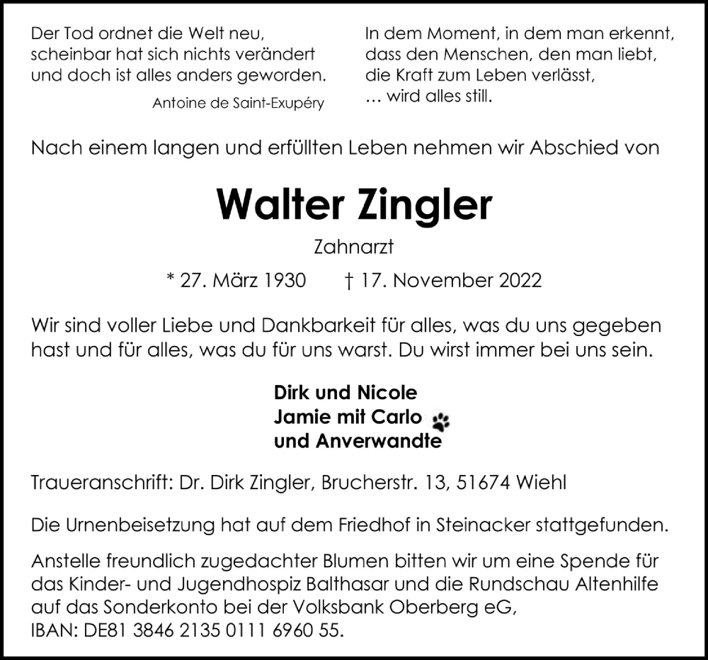  Traueranzeige für Walter Zingler vom 02.12.2022 aus  Anzeigen Echo 