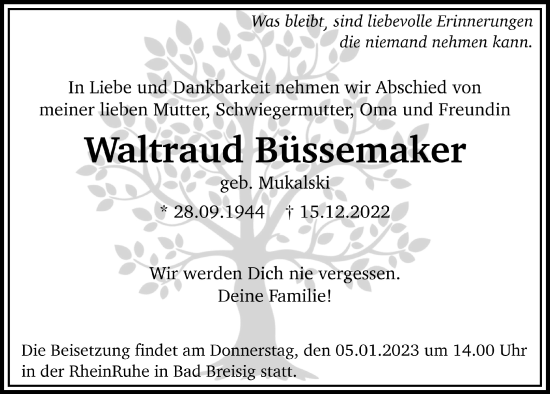 Anzeige von Waltraud Büssemaker von  Extra Blatt 