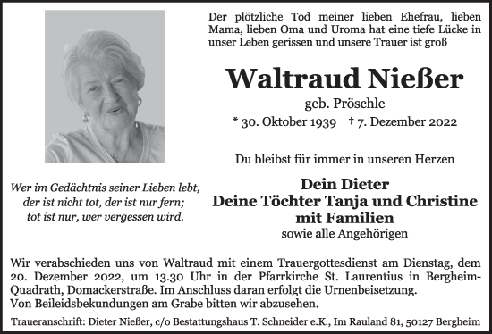 Anzeige von Waltraud Nießer von  Werbepost 