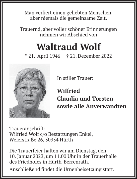 Anzeige von Waltraud Wolf von  Wochenende 
