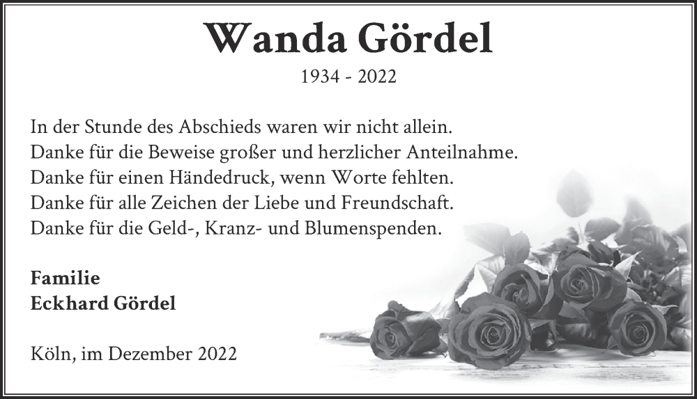  Traueranzeige für Wanda Gördel vom 22.12.2022 aus  EXPRESS - Die Woche 
