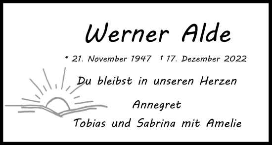 Anzeige von Werner Alde von Kölner Stadt-Anzeiger / Kölnische Rundschau / Express