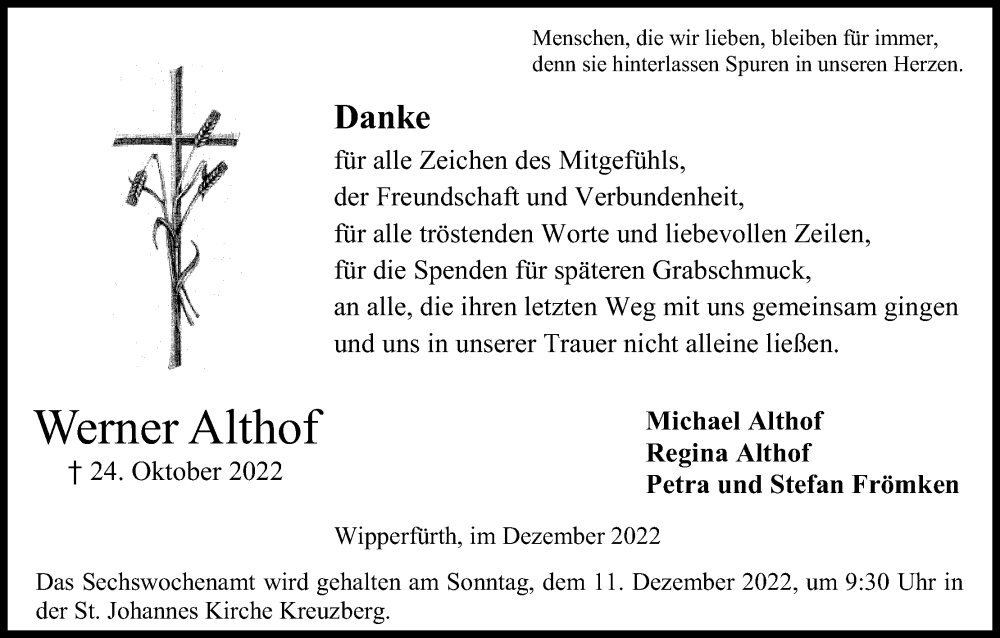  Traueranzeige für Werner Althof vom 03.12.2022 aus Kölner Stadt-Anzeiger / Kölnische Rundschau / Express