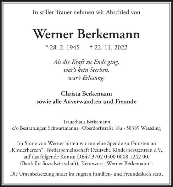 Anzeige von Werner Berkemann von  Schlossbote/Werbekurier 
