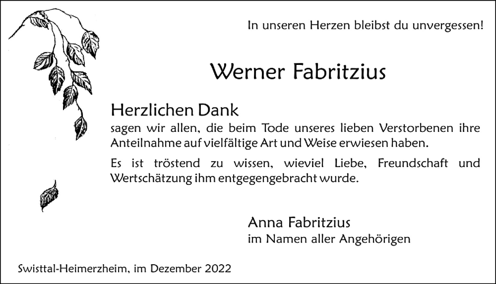  Traueranzeige für Werner Fabritzius vom 30.12.2022 aus  Schaufenster/Blickpunkt 