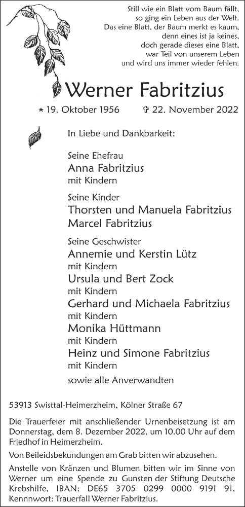  Traueranzeige für Werner Fabritzius vom 03.12.2022 aus  Schaufenster/Blickpunkt 