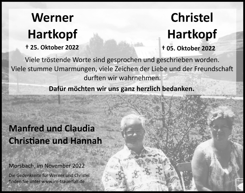  Traueranzeige für Werner Hartkopf vom 02.12.2022 aus  Lokalanzeiger 