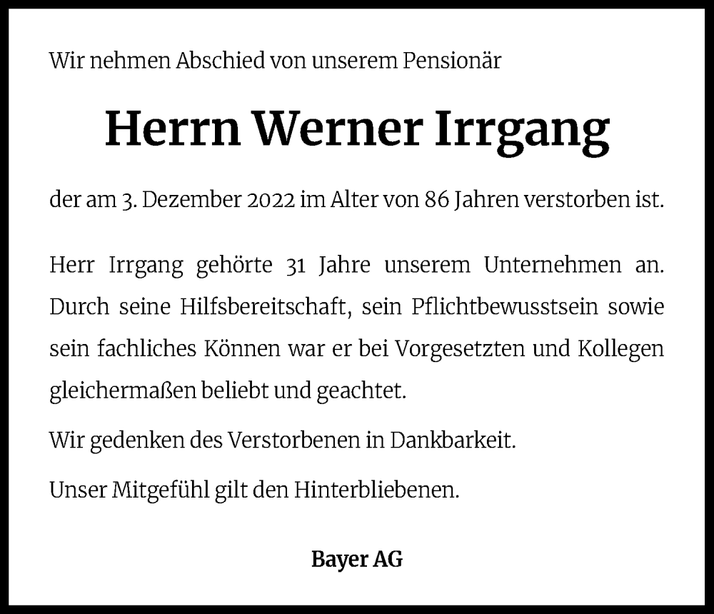  Traueranzeige für Werner Irrgang vom 15.12.2022 aus Kölner Stadt-Anzeiger / Kölnische Rundschau / Express