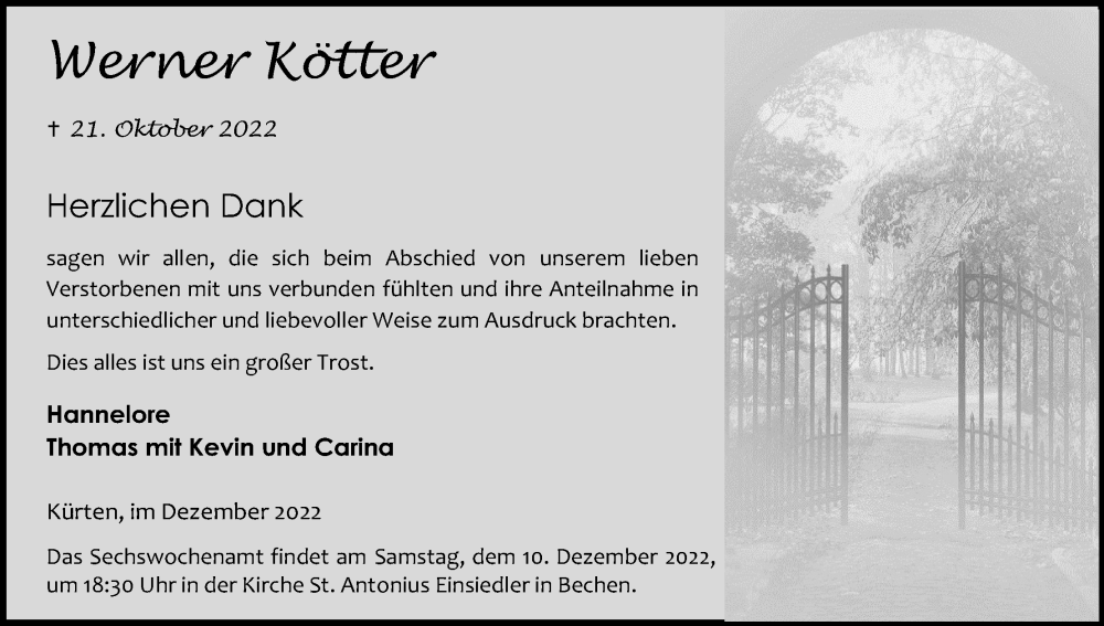  Traueranzeige für Werner Kötter vom 03.12.2022 aus Kölner Stadt-Anzeiger / Kölnische Rundschau / Express