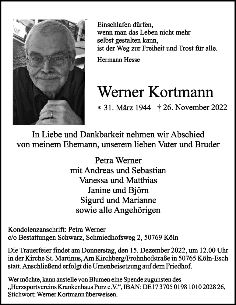  Traueranzeige für Werner Kortmann vom 10.12.2022 aus Kölner Stadt-Anzeiger / Kölnische Rundschau / Express