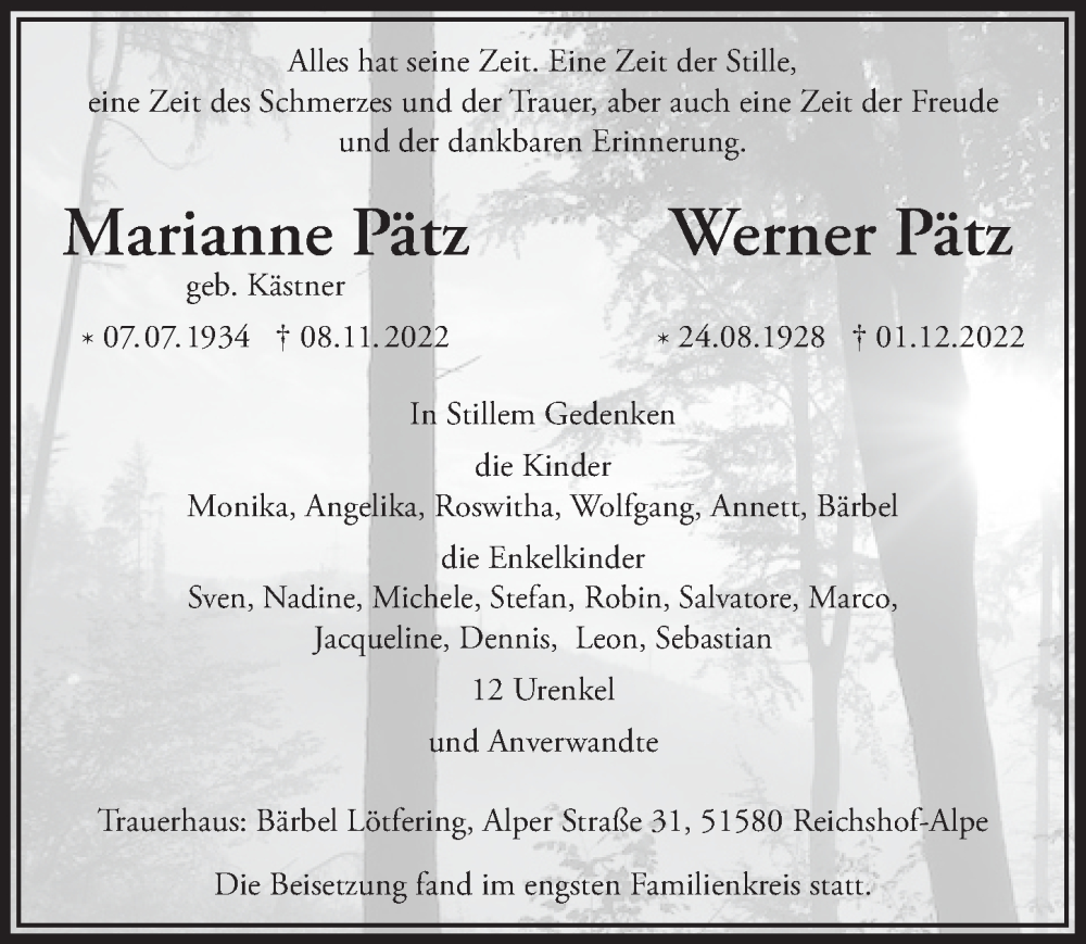  Traueranzeige für Werner Pätz vom 16.12.2022 aus  Anzeigen Echo 
