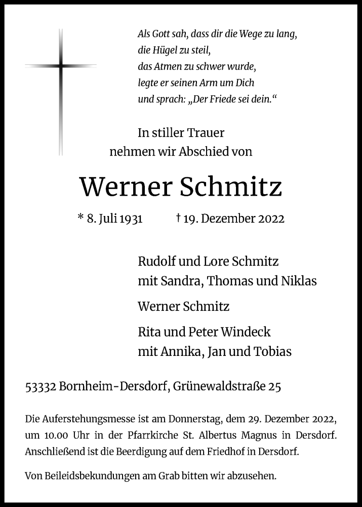  Traueranzeige für Werner Schmitz vom 24.12.2022 aus Kölner Stadt-Anzeiger / Kölnische Rundschau / Express