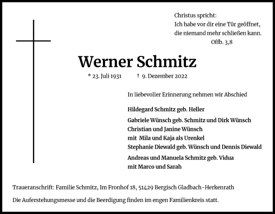 Anzeige von Werner Schmitz von Kölner Stadt-Anzeiger / Kölnische Rundschau / Express