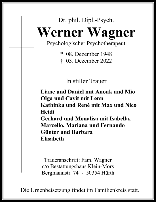 Anzeige von Werner Wagner von Kölner Stadt-Anzeiger / Kölnische Rundschau / Express