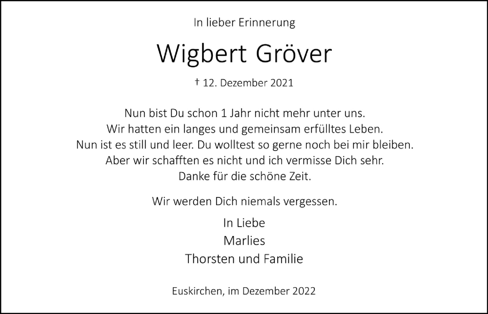  Traueranzeige für Wigbert Gröver vom 23.12.2022 aus  Blickpunkt Euskirchen 