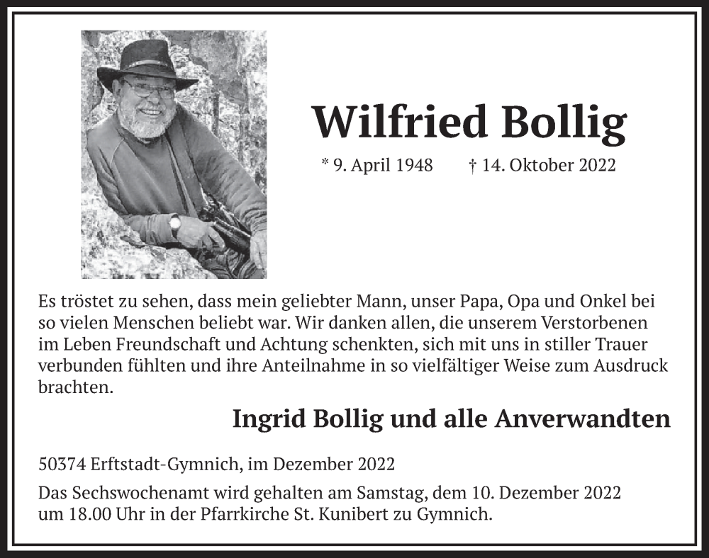 Traueranzeige für Wilfried Bollig vom 02.12.2022 aus  Werbepost 