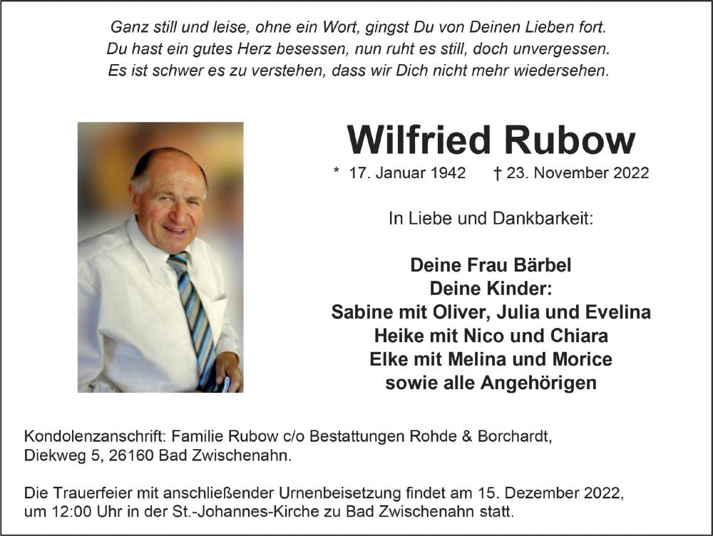  Traueranzeige für Wilfried Rubow vom 09.12.2022 aus  Werbepost 