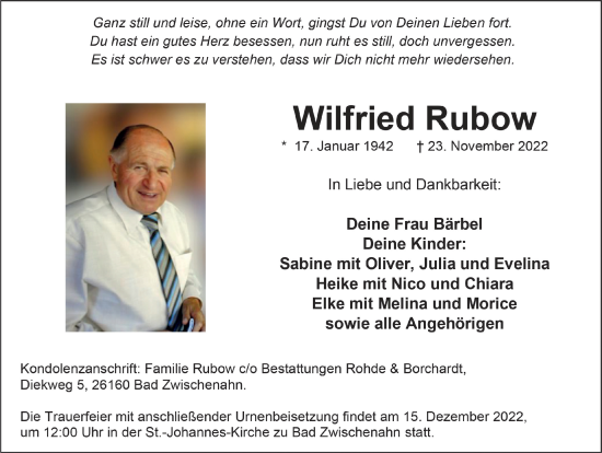 Anzeige von Wilfried Rubow von  Werbepost 