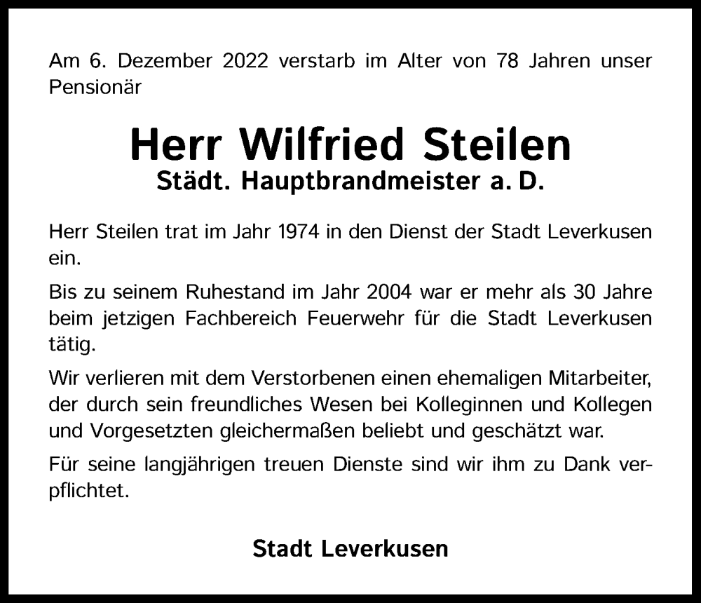  Traueranzeige für Wilfried Steilen vom 17.12.2022 aus Kölner Stadt-Anzeiger / Kölnische Rundschau / Express