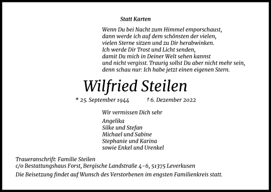 Anzeige von Wilfried Steilen von Kölner Stadt-Anzeiger / Kölnische Rundschau / Express