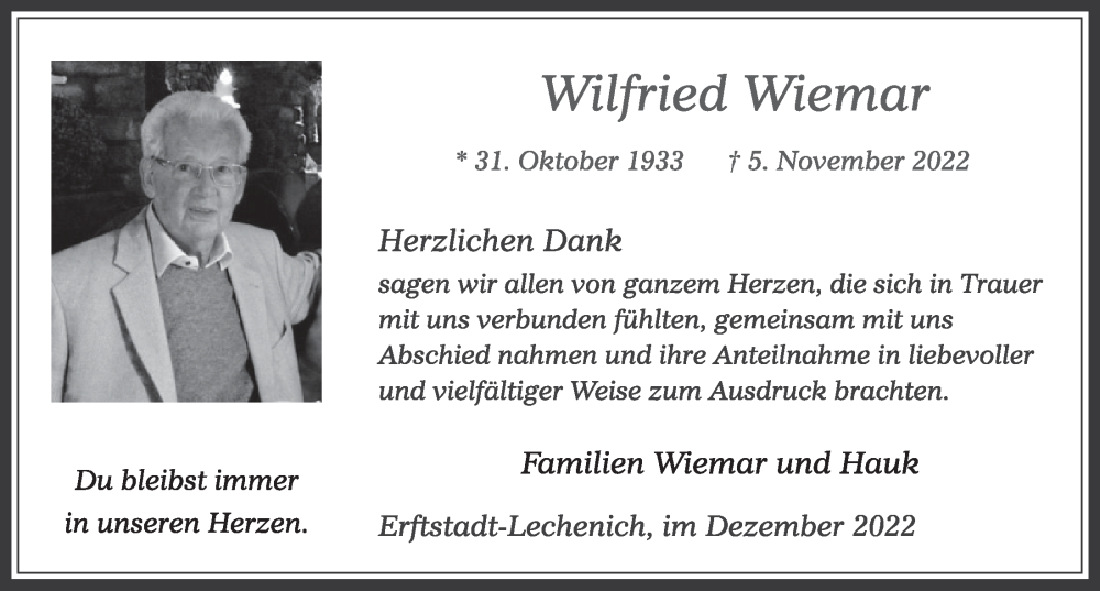  Traueranzeige für Wilfried Wiemar vom 09.12.2022 aus  Werbepost 